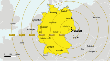 Europakarte mit Lage von Dresden